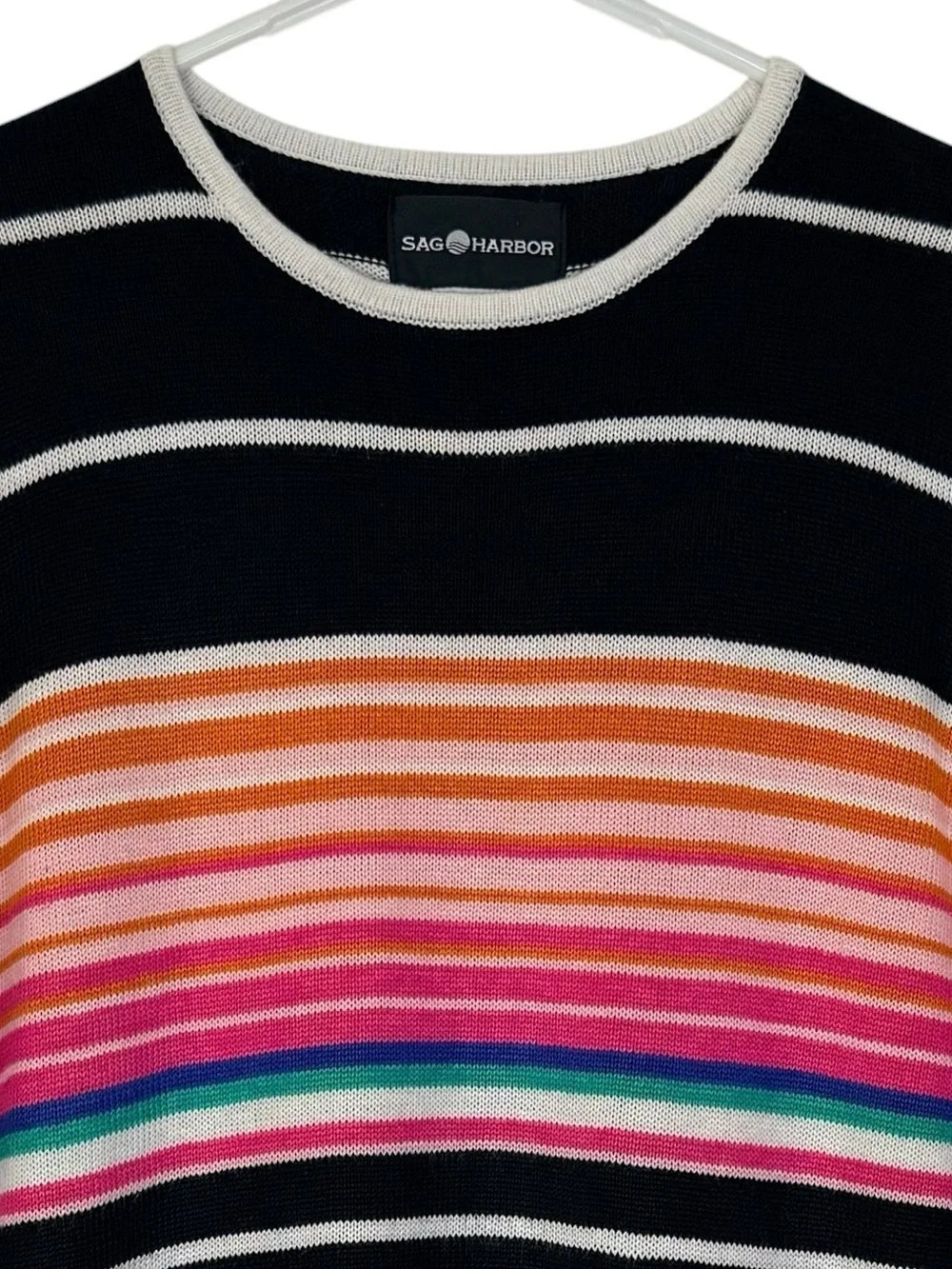 Sag Harbor Rainbow Stripe Floral Embroidered Knit Sweater Top Large